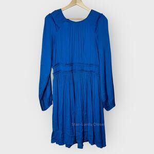 Anthropologie Maeve Saniya Dress | Medium | Blue Pleated Scoop Neck Long Sleeve